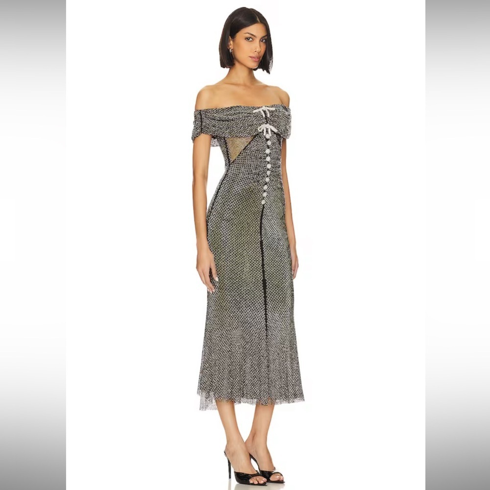 Self-Portrait Diamante Midi Dress in Black Fishnet Rhinestone